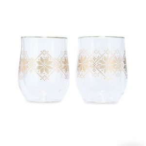 Corkcicle Stemless Double-Walled Wine Glass Set of 2-Crystal Clear/Fairisle Gold